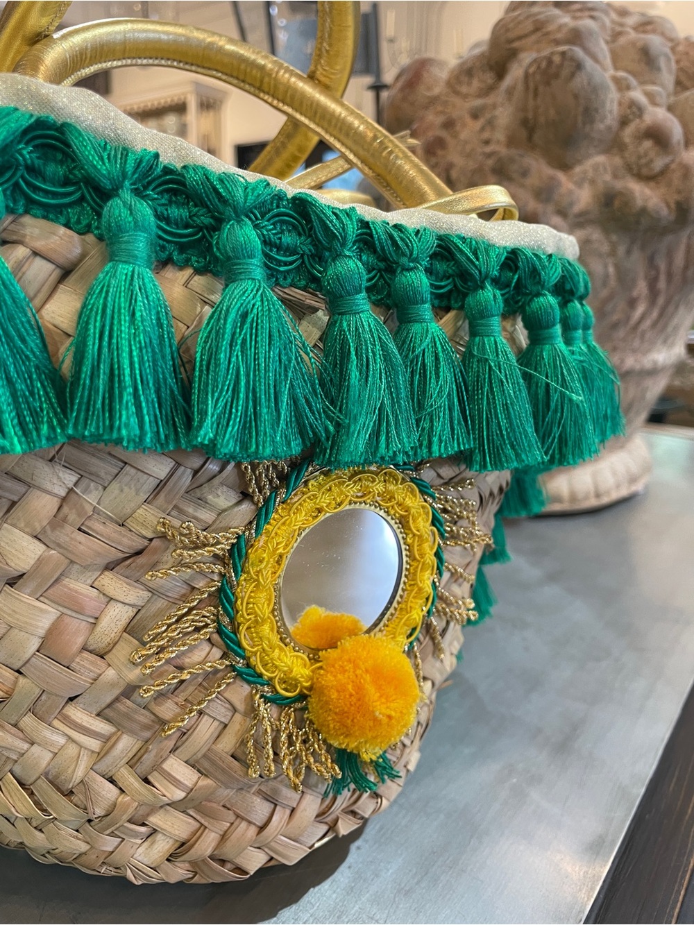 Tizzini x Authentic Provence Woven Straw Tassel Tote Bag in Green & Yellow, Ital - Picture 2 of 10